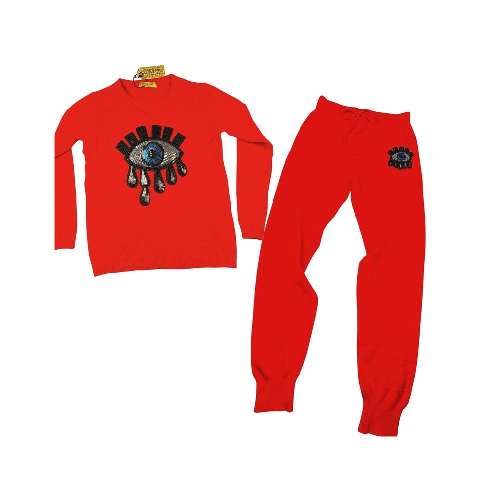 Vinizbena Women's L Red Sequin Evil Eye Motif Sweater Jogger Lounge Casual Set